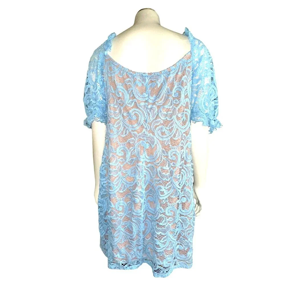 Venus 1X Sky Blue Lace Mini Dress Sheer Bodycon Fit Scalloped Sleeve Glamcore - Picture 5 of 12